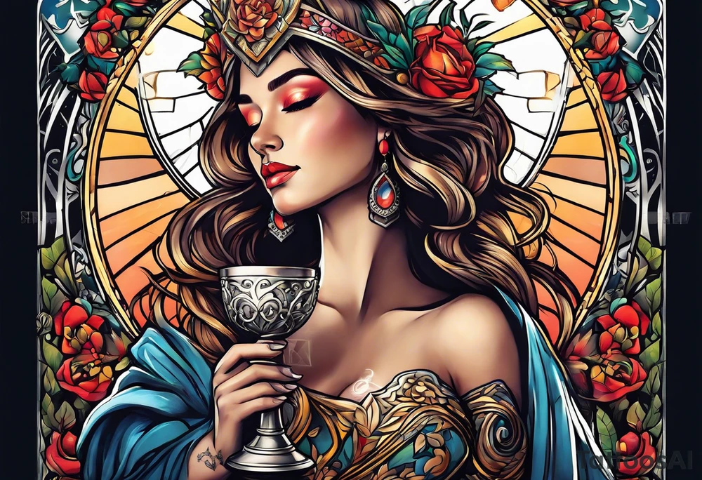 a woman with a halo holding a chalice tattoo idea