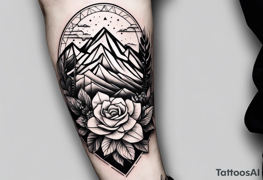 A geometric half sleeve with flowers and a mountain tattoo idea A geometric half sleeve with flowers and a mountain tattoo idea