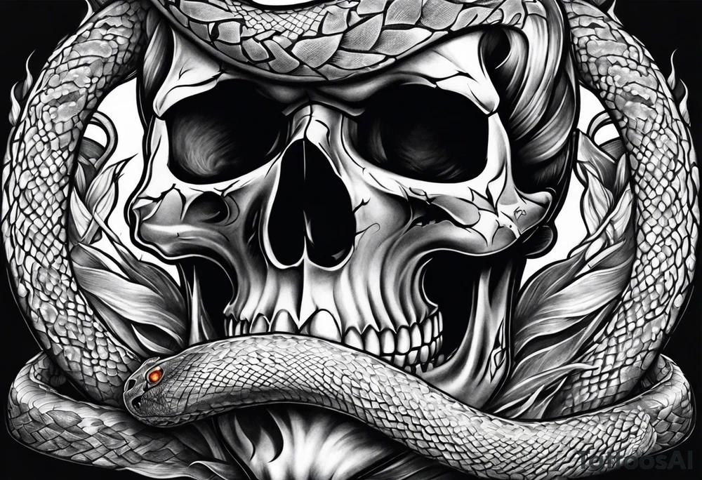 Skull with burning flames in mouth and snake through its eyes tattoo idea