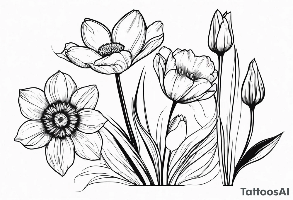 Small daffodils gerberas and tulips tattoo idea