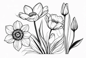 Small daffodils gerberas and tulips tattoo idea