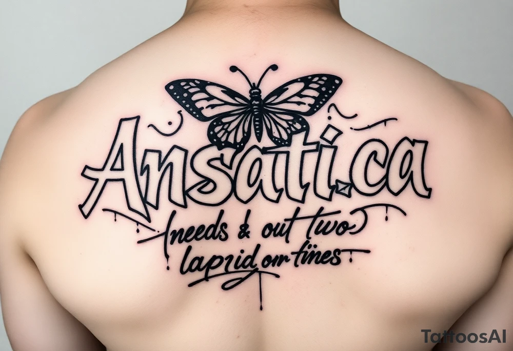 Anastacia in old English mixed with graffiti needs a butterfly or two long beach California vibes tattoo idea