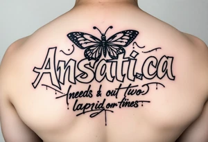 Anastacia in old English mixed with graffiti needs a butterfly or two long beach California vibes tattoo idea