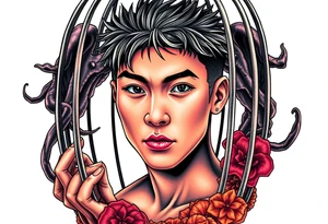 Handsome Asian young guy in evils cage tattoo idea