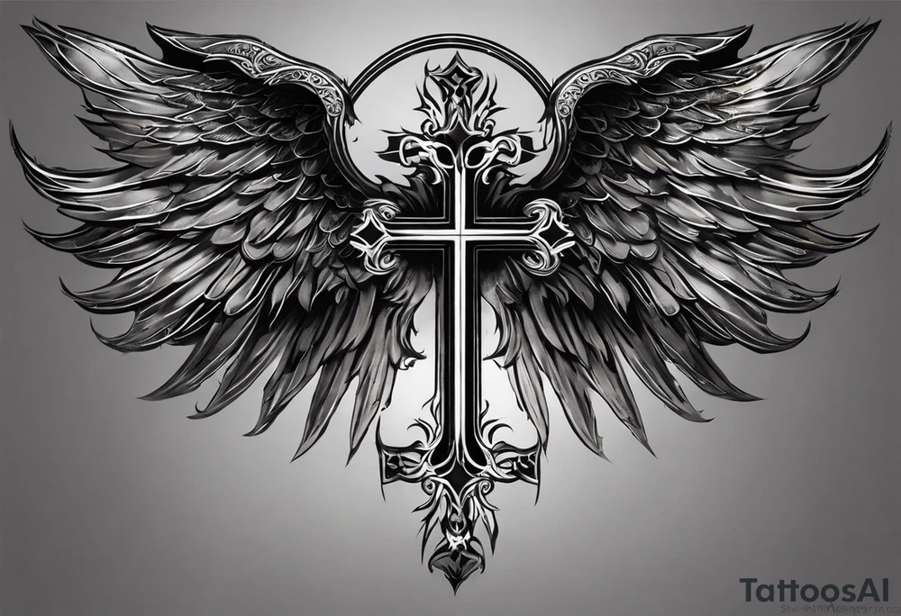 Male chest and neck tattoo with Coptic  Christian
Four cross Wings and Halo**: Combine elements of darkness and light by depicting demonic wings on one side and a halo on the other, both fading into shadowy tendrils that extend across your skin. This design could represent the internal conflict between sinful desires and divine guidance. tattoo idea