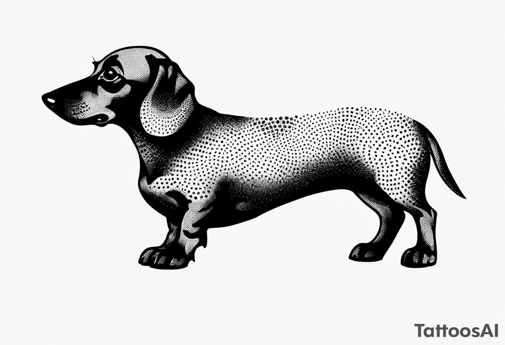 Create a minimalist tattoo of a small Dachshund, capturing its unique shape and playful demeanor with clean lines. tattoo idea