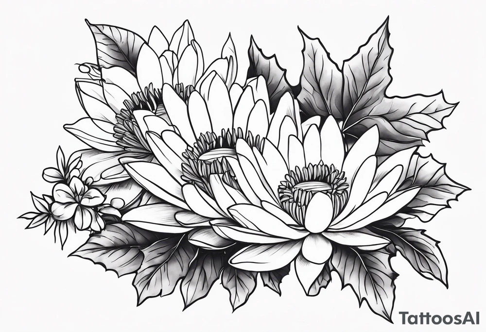 bouquet of violet, water lily, and holly tattoo idea