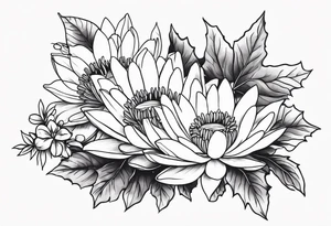 bouquet of violet, water lily, and holly tattoo idea
