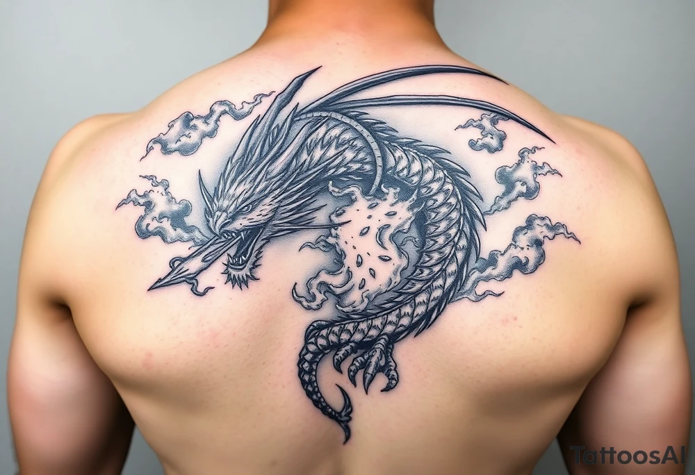 fierce dragon breathing iridescent fire against stormy skies tattoo idea