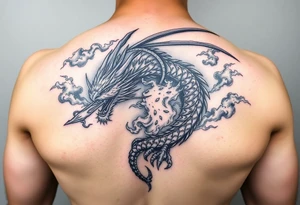 fierce dragon breathing iridescent fire against stormy skies tattoo idea