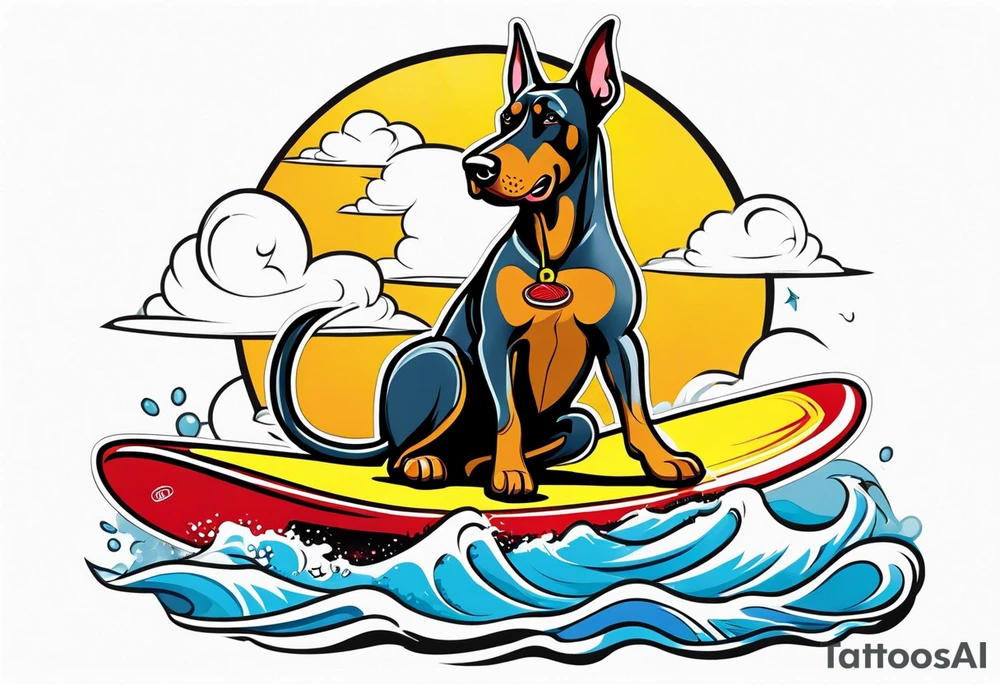 doberman smoking a cigar on a surfboard tattoo idea