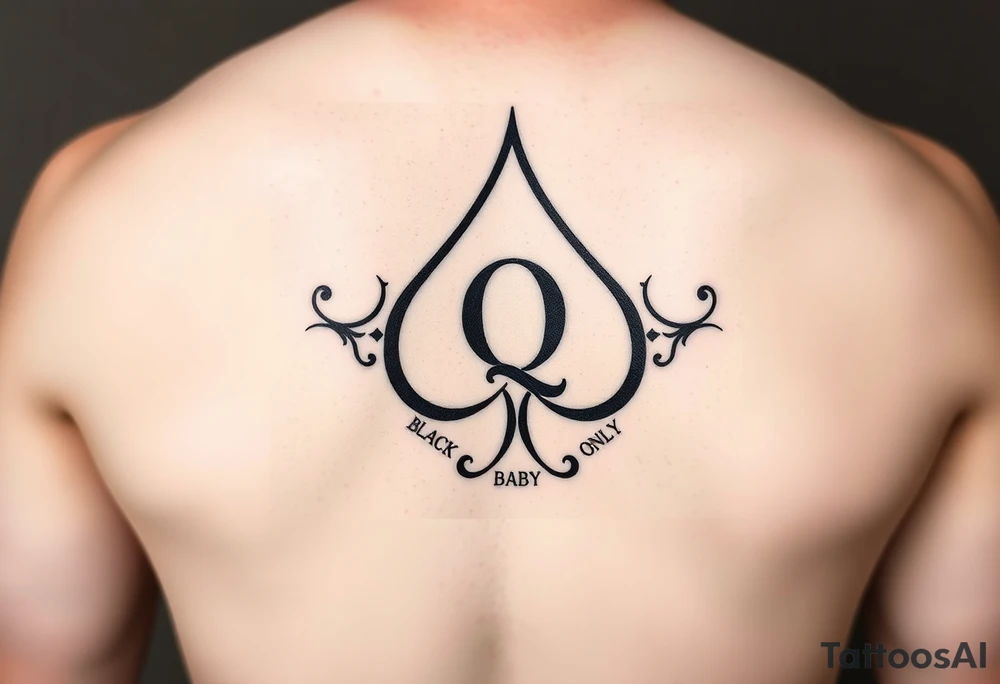 A spade womb tattoo with a Q in the center, with three points around the outside. The first reading, "BLACK". The second reading, "BABY". The third reading, "ONLY". tattoo idea