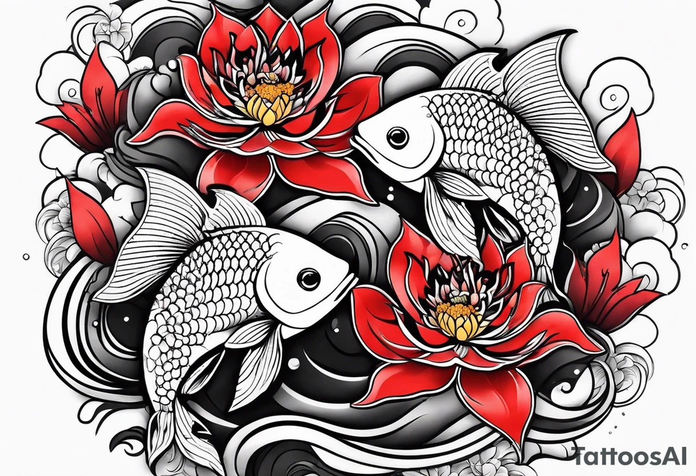 twin coi fish one red one black with waves and lotus flowers tattoo idea