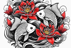 twin coi fish one red one black with waves and lotus flowers tattoo idea