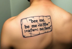 "Ancient stone tablet tattoo, but:  
- Text is 4chan greentext  
- Last line: **'>be me  
>mfw no face'**  

Style: Cracked engraving. Black ink, shoulder blade." tattoo idea