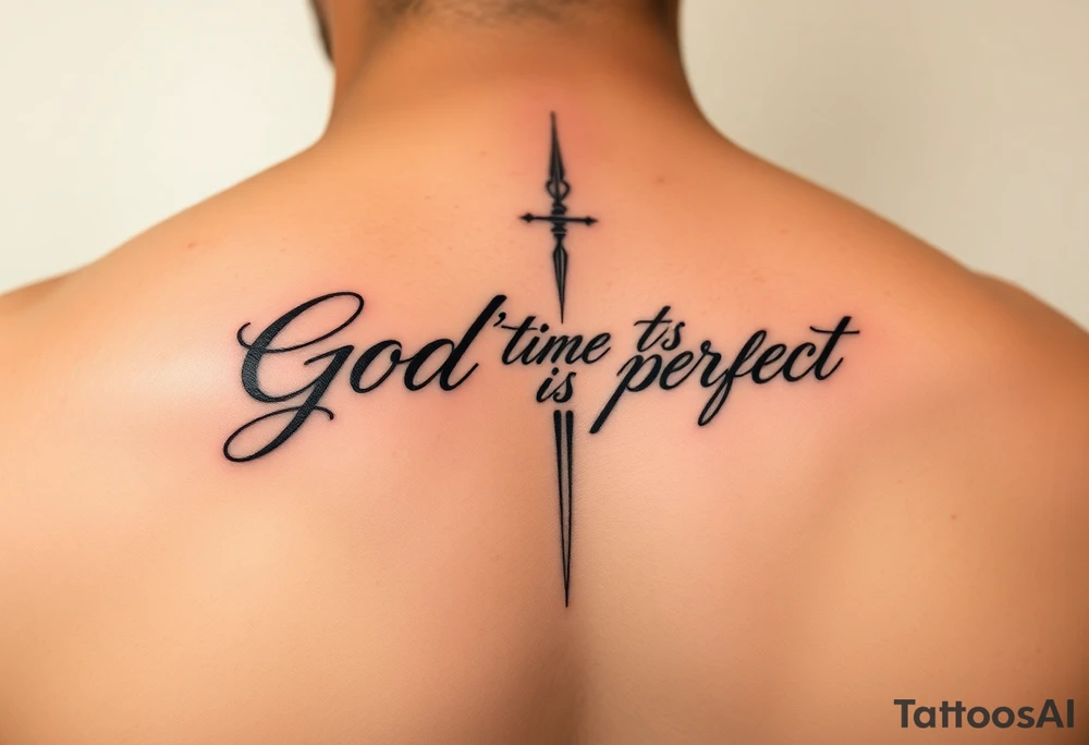 Backbone tatto for men write in a vertical way “God’s time is perfect”

Improve writing ina vertical way tattoo idea