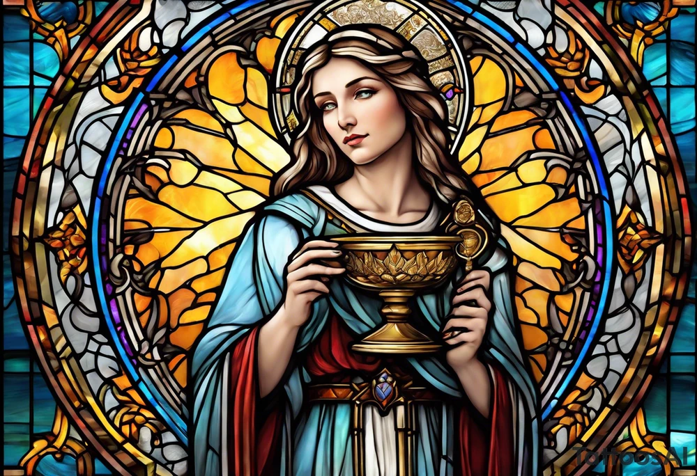 holy saint woman with halo stained glass holding a chalice with artillery tattoo idea