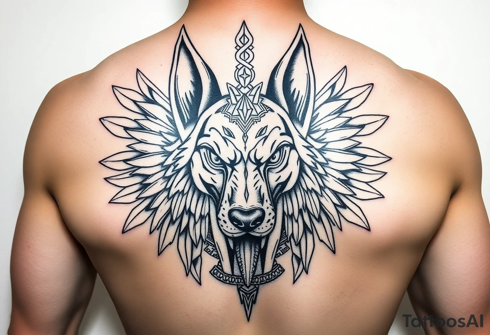 Egyptian Anubis god powerful face muscle in Egypt style dog face surrounded Egyptian symbols tattoo idea