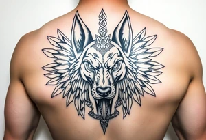 Egyptian Anubis god powerful face muscle in Egypt style dog face surrounded Egyptian symbols tattoo idea