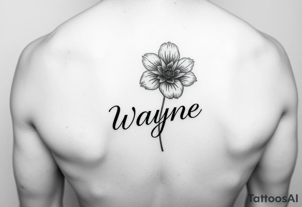 flower with a stem going into the name wayne in cursive on rib cage tattoo idea
