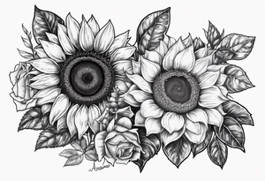 Sunflower and roses with the name Arianna in red scrip letters and “you are my sunshine” tattoo idea