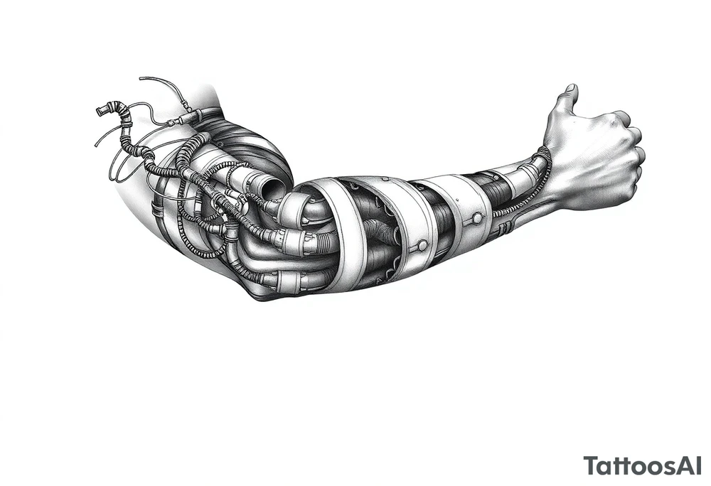 long System of pipes that transitions into veins of forearm tattoo idea