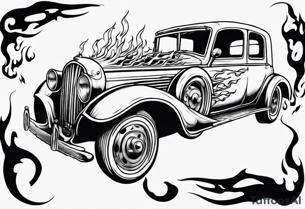 A tattoo of an old vintage car with flames coming out of the hood and a skeleton at t he top of the flames tattoo idea