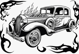 A tattoo of an old vintage car with flames coming out of the hood and a skeleton at t he top of the flames tattoo idea