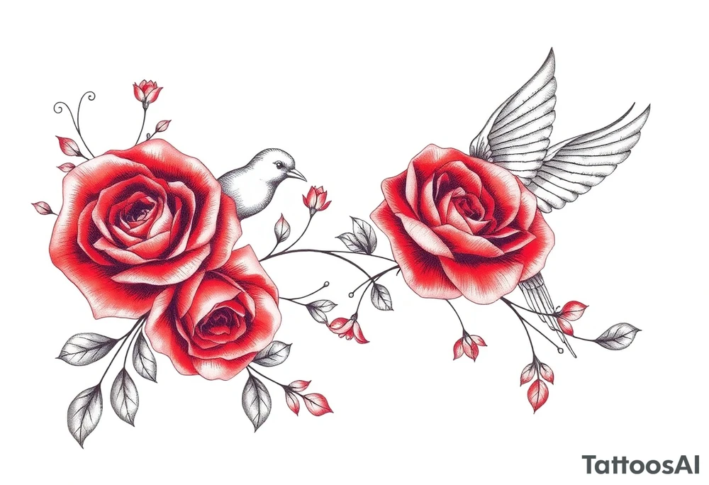 Vintage lace, red roses, red birds tattoo idea