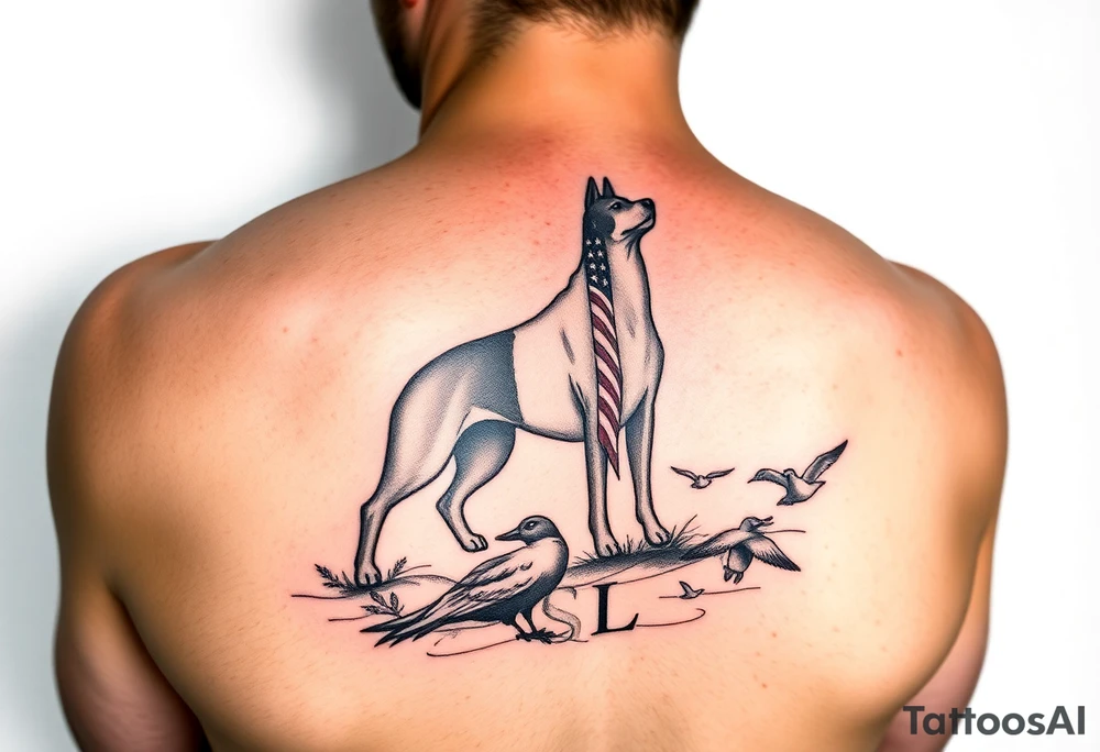 Hunting tattoo featuring an upland dog silhouette, Italian and American flag, SSL initials, with some ducks in sky tattoo idea