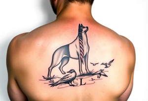 Hunting tattoo featuring an upland dog silhouette, Italian and American flag, SSL initials, with some ducks in sky tattoo idea