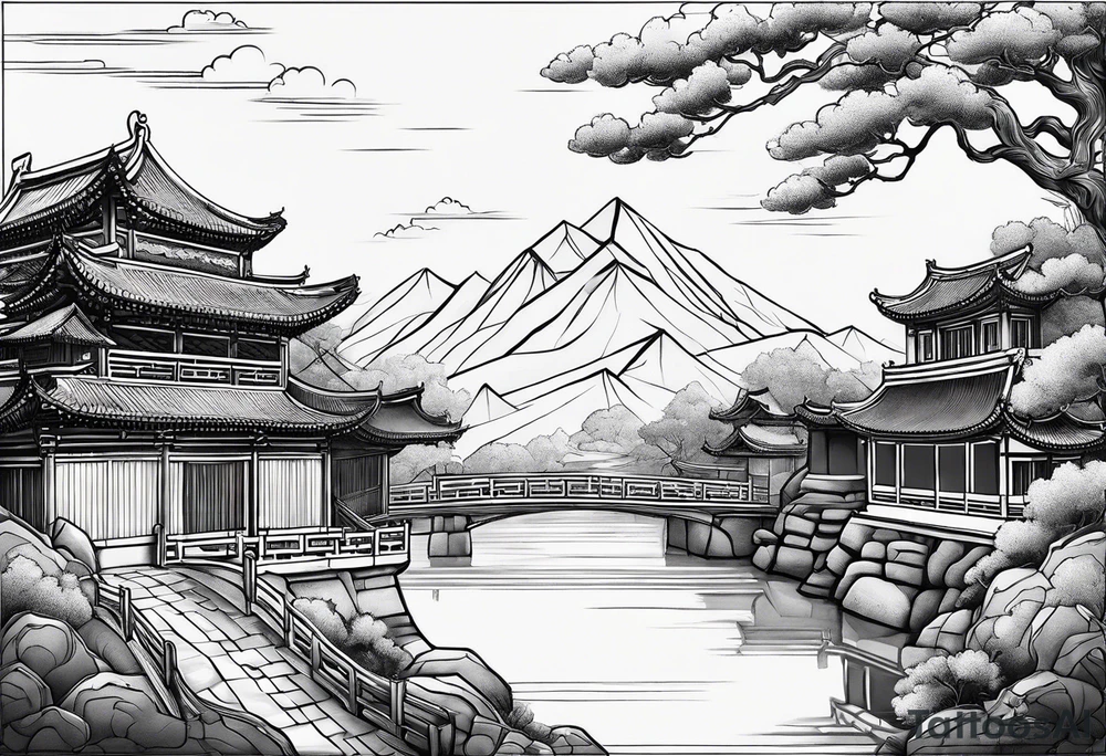 Chinesischer see mit der Mauer im hintergrund und verschiedenen Tieren tattoo idea