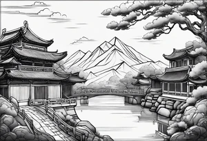 Chinesischer see mit der Mauer im hintergrund und verschiedenen Tieren tattoo idea