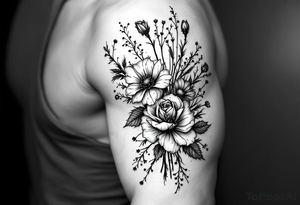 vintage bouquet of wild roses and meadow flowers with morning dew tattoo idea