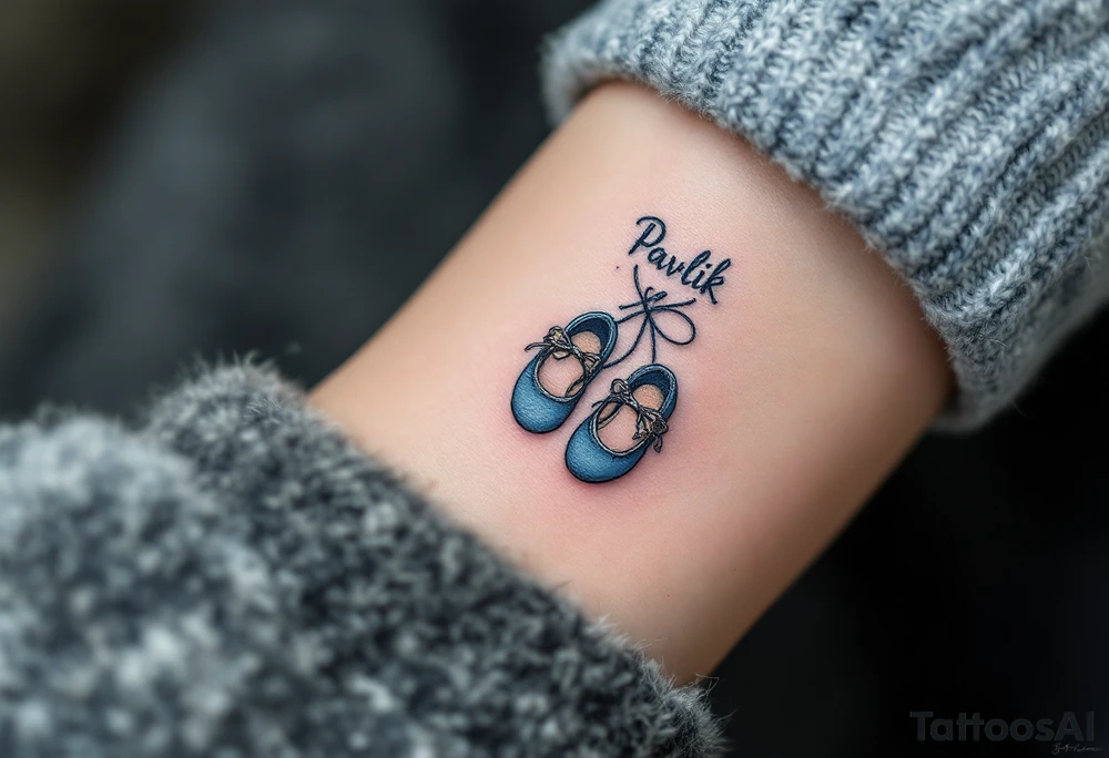 Pavlík written above a tiny pair of baby shoes in dusty blue. tattoo idea