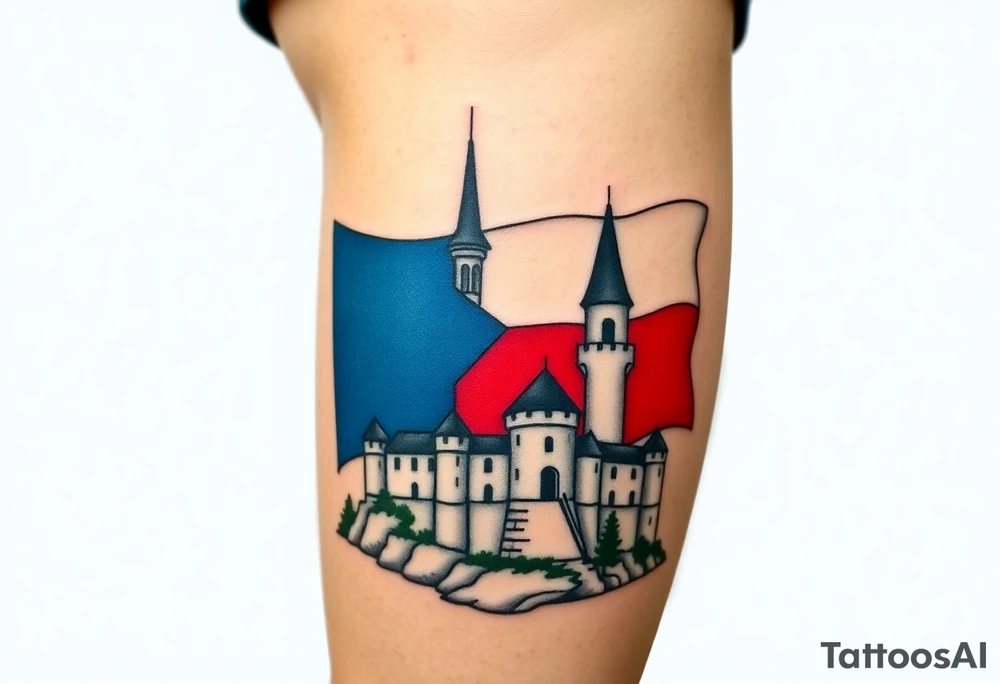 A Czech flag (blue, white up, red down) waving behind a medieval castle tattoo idea