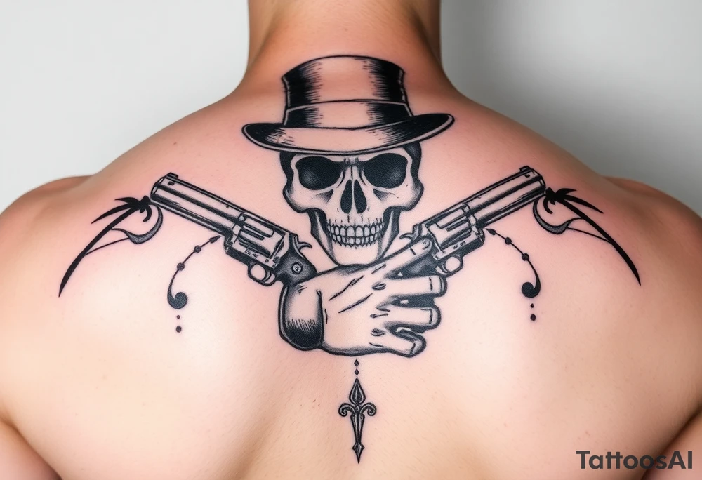 voodoo skull, top hat, dead mans card hand, six guns tattoo idea