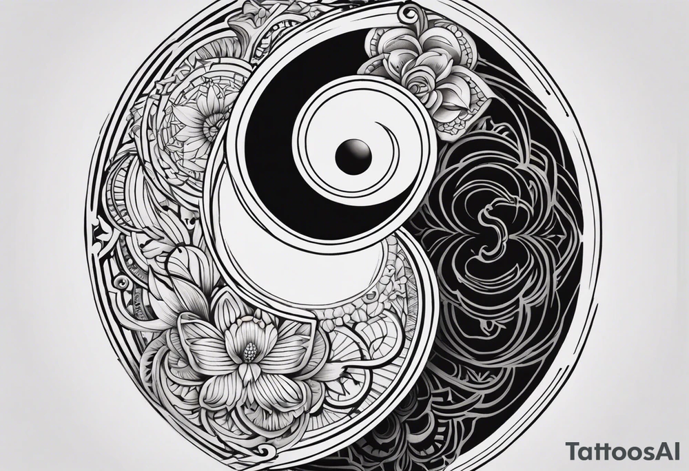 An ying yang tattoo with ouroboros forming this ying yang. And make the background after the ouroboros a mandala fading out. the ying yang goes in the center, the ouroboros delimita the ying yang and the mandala after. Everything is concentric tattoo idea