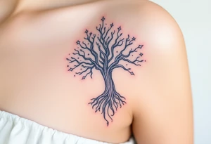 mystical tree of life with cosmic roots and celestial branches, stars 
more full tree and sparkles around ethereal tattoo idea