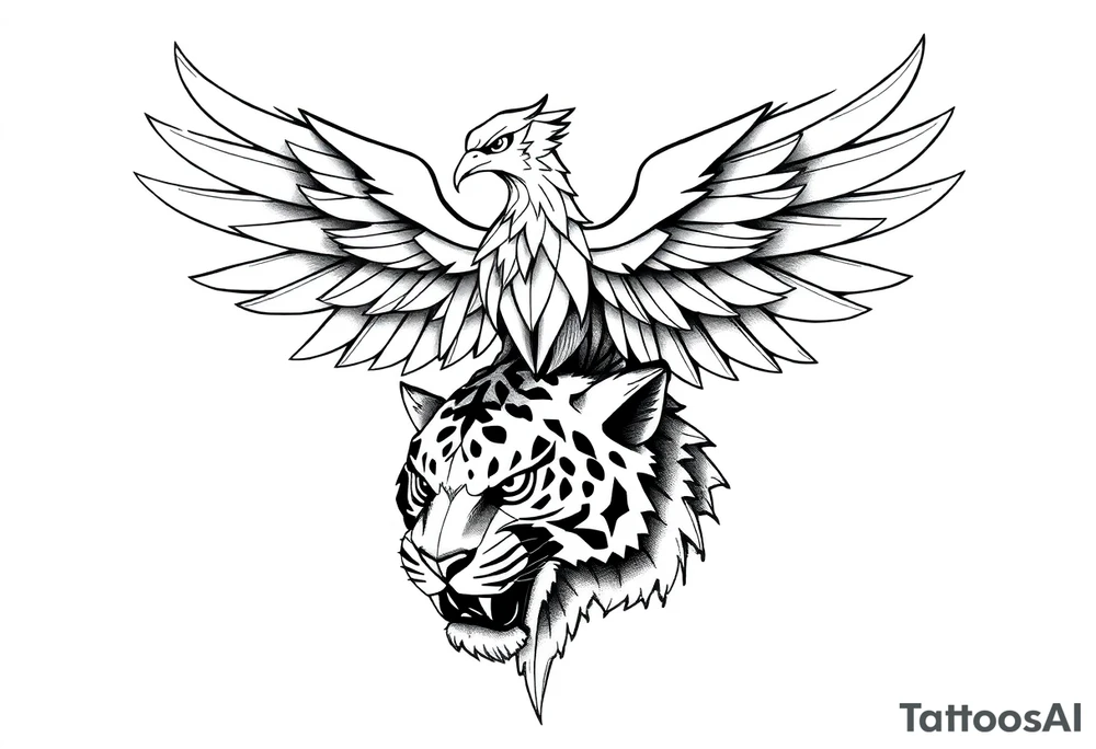 a geometric phoenix over a tiger's head tattoo idea