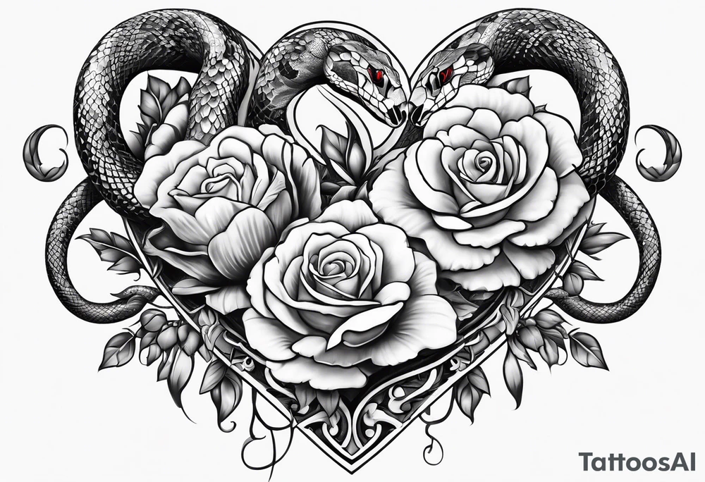 snakes wrapped around a heart with flowers tattoo idea