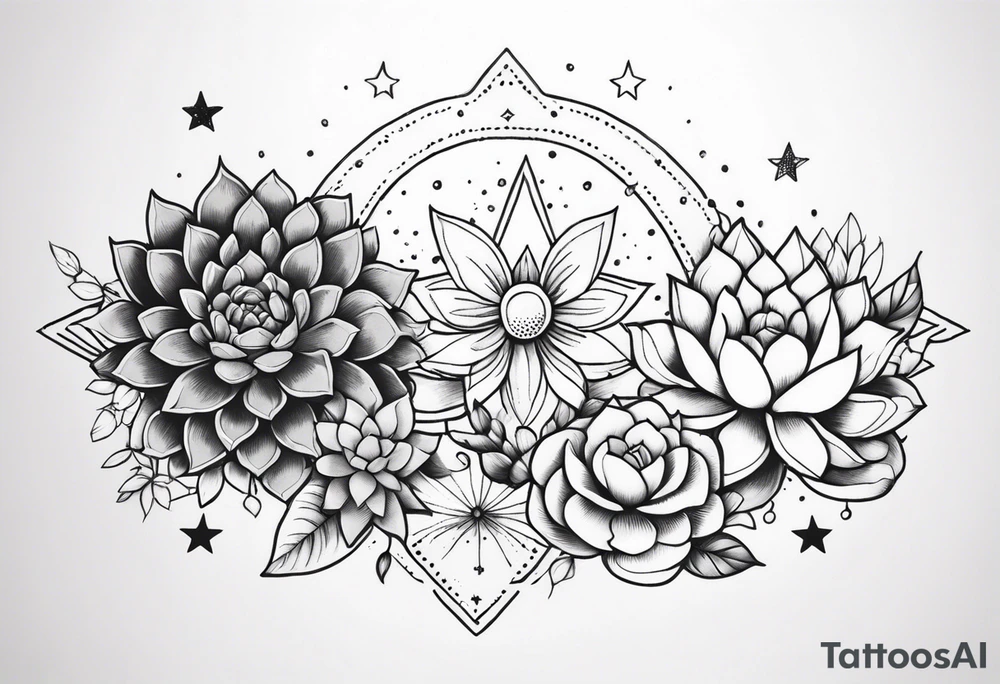 fine line with sun, stars, floral, dots, three succulents
. Sternum tattoo grey scale shading tattoo idea