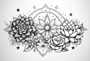 fine line with sun, stars, floral, dots, three succulents
. Sternum tattoo grey scale shading tattoo idea