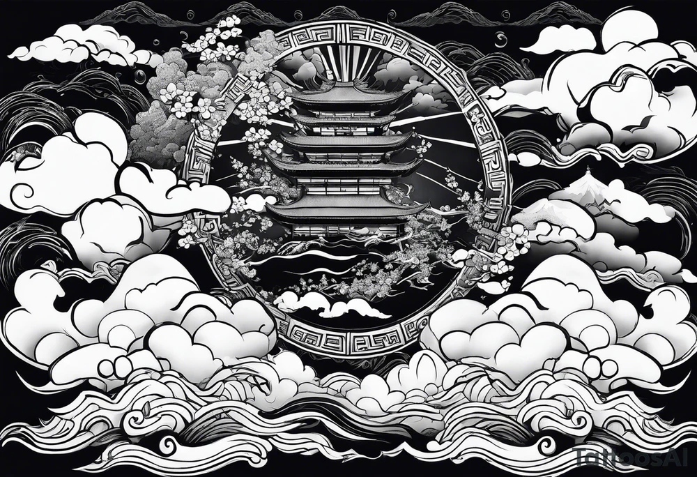 samurai flies among the clouds. beneath it is the ocean and mountains. war and love tattoo idea
