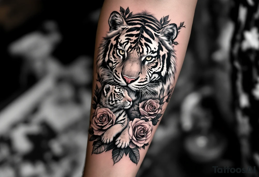 Beautiful, strong and fierce adult female tiger and her cub surrounded by roses and flowers with my daughters name “Zaya” half a sleeve on my arm tattoo idea