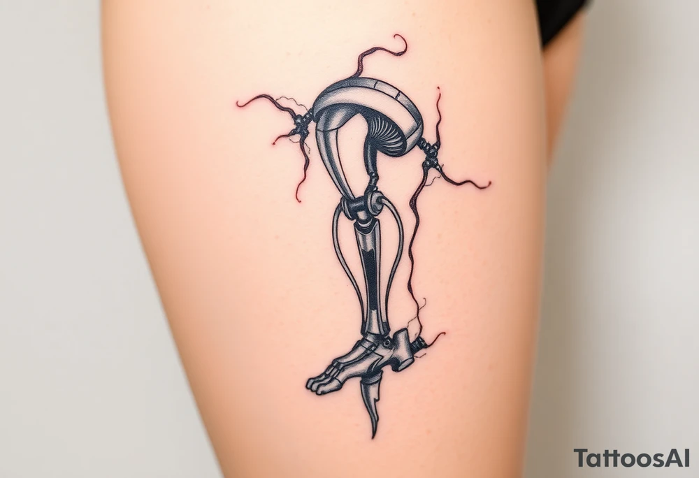 A wound revealing a robotic leg under the skin tattoo idea