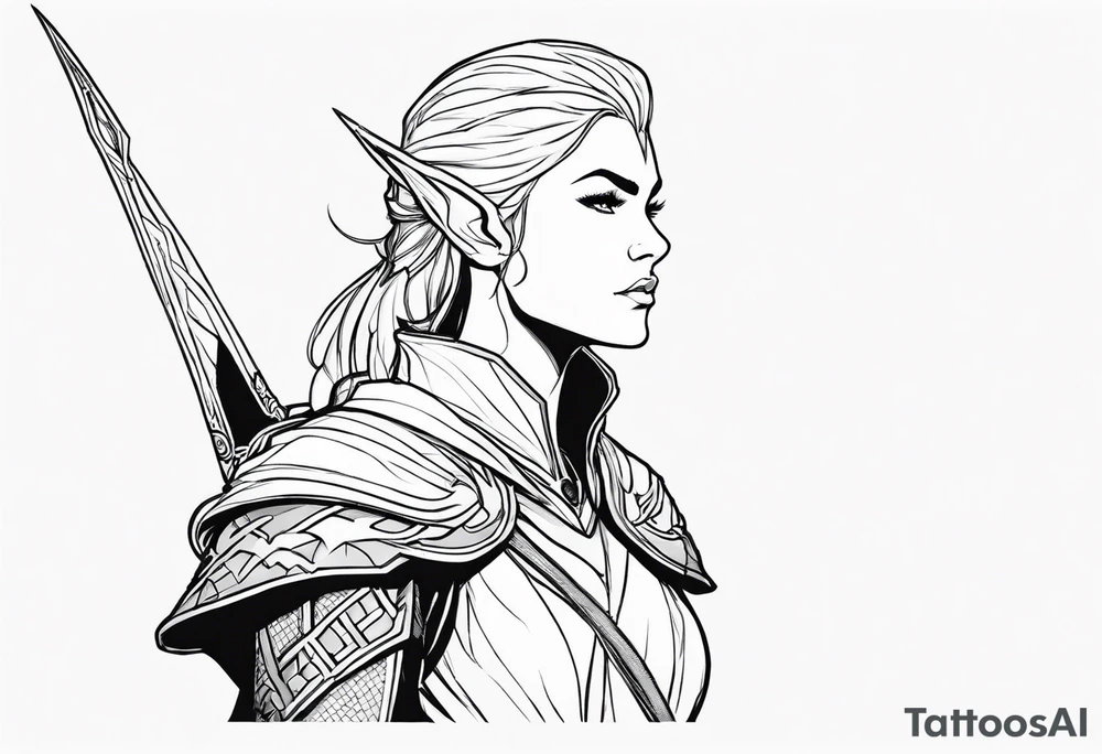 Sketch a 3/4 profile of an androgynous elven warrior with a majestic, epic, and heroic facial appearance and short hair in a fantasy comic book style. Sketch only in simple, clean contour lines. Sketch with dynamic movement rendered only in thick outer lines of black ink, with only outer strokes and contours. The genderless elf's face has a serious, resolute expression, and the figure holds an ornate sword in his hand. Create a backdrop with the moon and mountains on the horizon forming the setting behind the character. The figure has narrow eyes, furrowed brows, and lips pressed into a thin, strong line, demonstrating unwavering determination framed by the silhouette of a royal crown of metal leaves. The elven features are defined by hard, defined cheekbones, an angled, defined forehead, a hard, strong jaw, and strong, pointed ears. Sketch only with outer contours in black ink; art should be high contrast black and white only. Sketch is just outer lines with black ink concept art style, developed for fantasy comic book characters tattoo idea