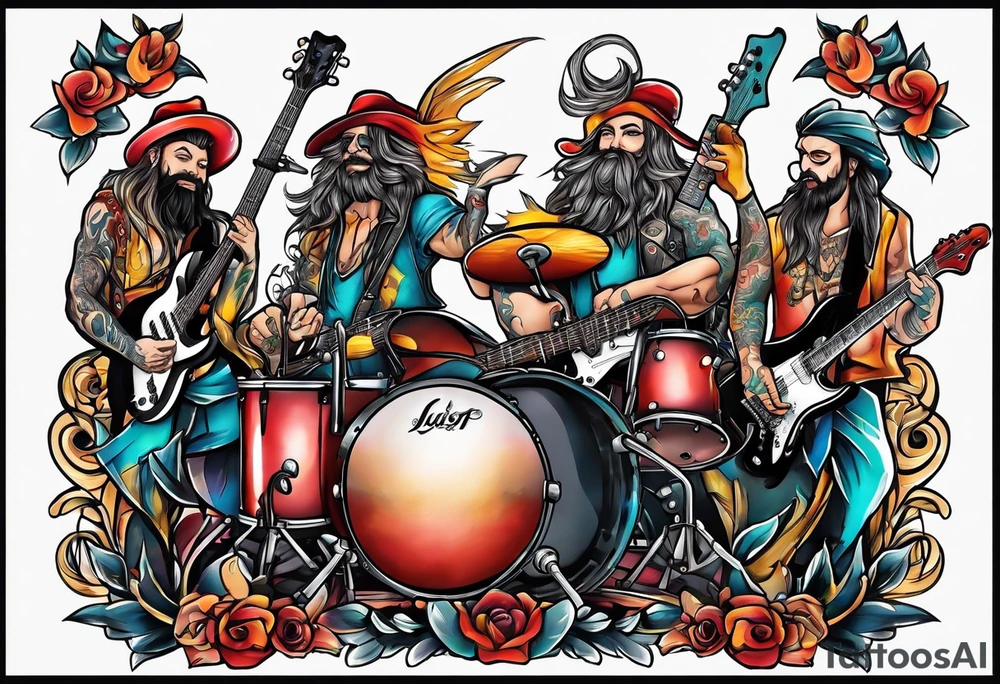 Just 4 fun band with guitar and drums tattoo idea