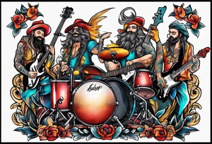 Just 4 fun band with guitar and drums tattoo idea