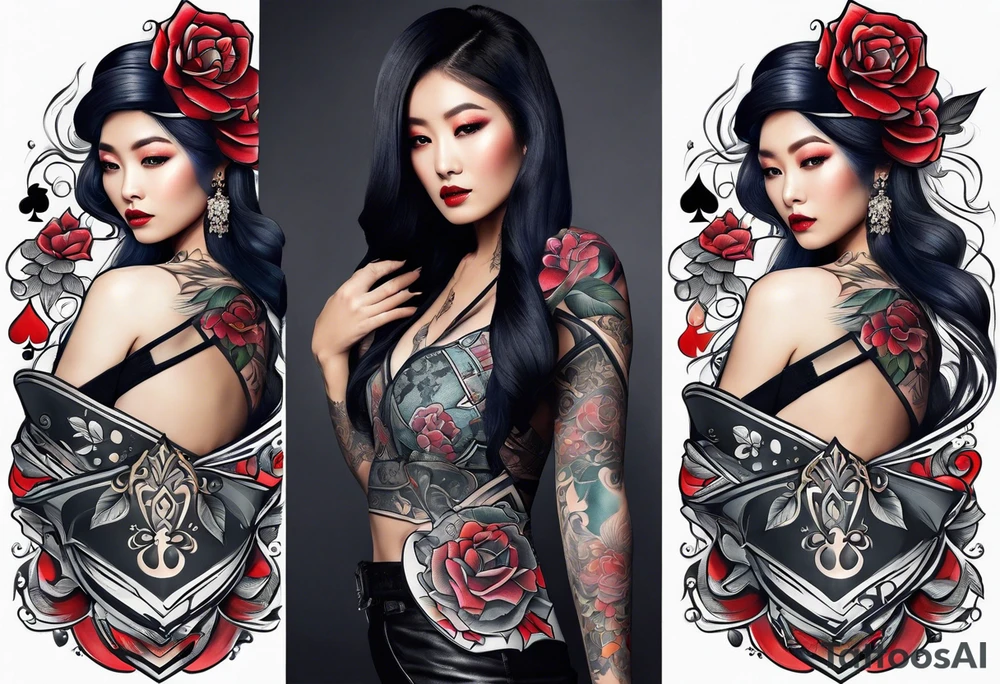 Asian Queen Of Spades tattoo sleeve tattoo idea
